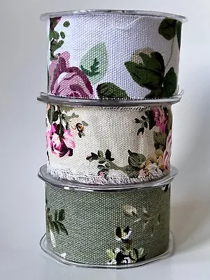 100% Linen Floral Botanical Leaf Wide Ribbon Fringe 50mm - Sold By The Metre • £1.99