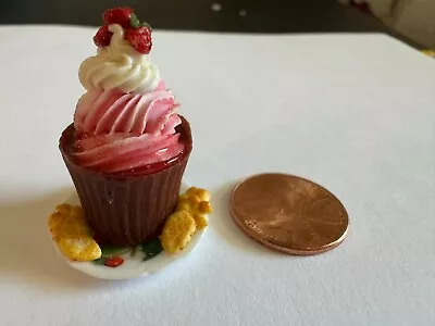 Dollhouse Miniature Strawberry And Chocolate Cupcake Cake Artist Janet Uyetake • $14