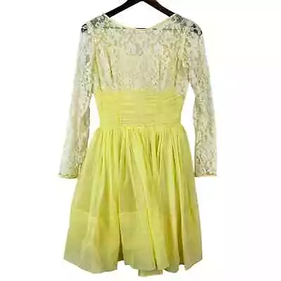 50s 60s Vintage Union Made Lace LS Tulle Prom Dress Yellow - Fits 0 2 Womens • $37.50