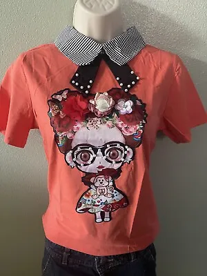 Juniors Women’s Orange Frida Kahlo Shirt  3D Flowers Size Medium  New • $22.30