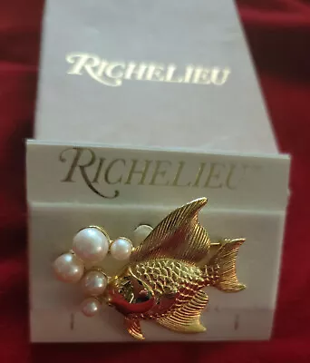 Vintage Richelieu Gold Tone Fish Pin W/ Faux Pearl Bubbles ~ New In Box • $13.95