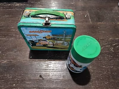 Vintage Aladdin 1975 Drag Strip Metal Lunch Box With Thermos Complete Set • $89.99