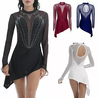 Womens Skating Dress Rhythmic Gymnastics Leotard Rhinestone Mesh Dance Costumes • £15.54