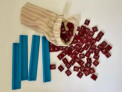 All 100 Scrabble Tiles Burgundy Wood Replacement Letters + 4 Blue Racks + Bag • $22