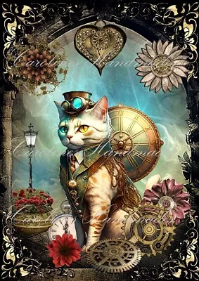 Steampunk Cat Collage D Designer Cotton Fabric Quilt Block Multi-sizes Available • $14.75