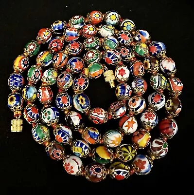 Vintage Millefiori Venetian Moretti Murano Bead Red Hand Knotted Necklace 27.75” • $39.95