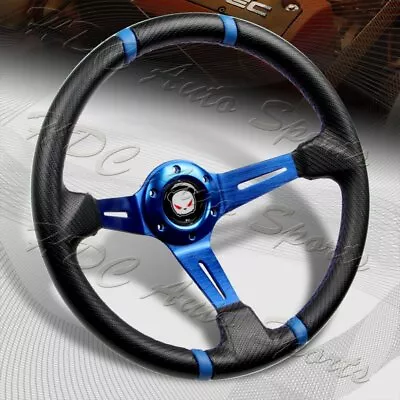 350MM Deep Dish Drift Style Blue Stitch Carbon PVC Leather 6 Hole Steering Wheel • $41.99