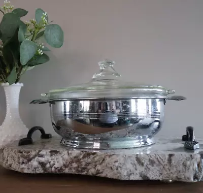 Vintage PYREX Round Casserole Dish With Floral Etched Lid & FARBERWARE Cradle • $15