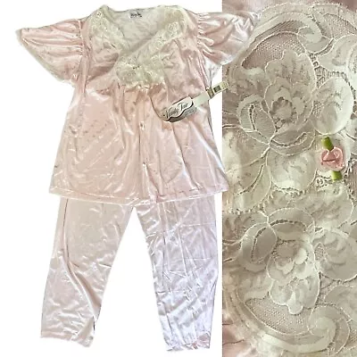 NWT Vtg Vanity Fair Glisanda 2pc Pajama Set Medium Satin Tricot Shirt Pants PJs • $24.99