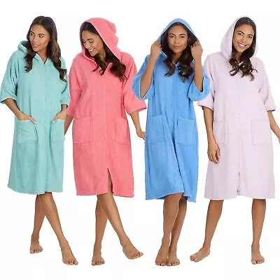 Womens Terry Towelling Bathrobe 100% Cotton Zip Front Bath Robe Size 10-24 • £18.95