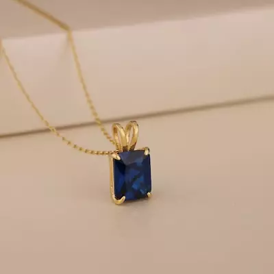 Women's Pendant 1Ct Emerald Cut Lab Created Blue Sapphire 14K Yellow Gold Plated • $50.39