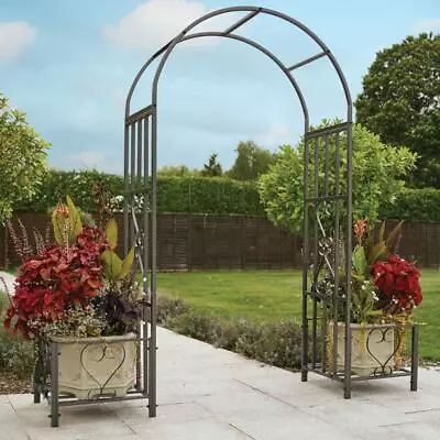 Metal Garden Patio Arch With Planters Rose Arbour Archway Climbing Plant Trellis • £89.99