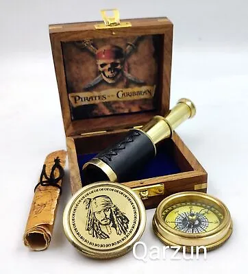 £45.47 • Buy Captain Jack Sparrow Brass Compass With Mini Fold Telescope Map In Wood Box