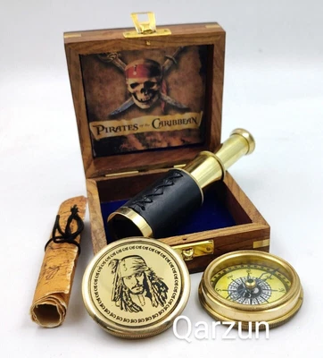 £45.47 • Buy Captain Jack Sparrow Brass Compass With Mini Fold Telescope Map In Wood Box