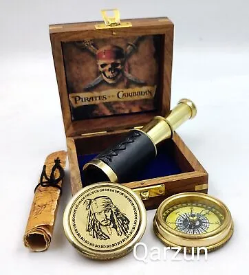 Captain Jack Sparrow Brass Compass With Mini Fold Telescope Map In Wood Box • £47.10