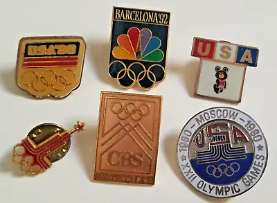 6 OLYMPIC BADGE PINS 1980 MOSCOW USA 1988 1980 USA Misha Bear Barcelona 1992 • $39