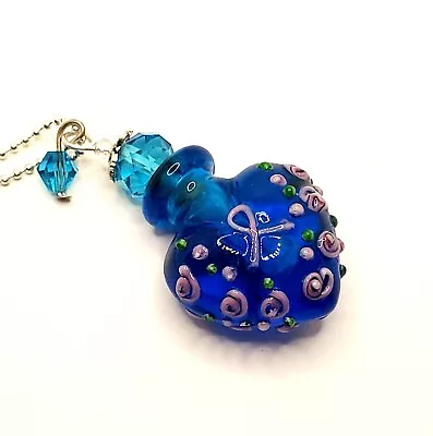 1pc Murano Glass BLUE ROSES Perfume Oil Ashes Cork Bottle Pendant Vial Necklace • $15.95