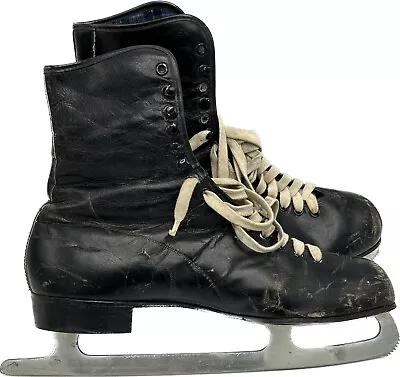 Black Leather Ice Skates Mens Size 12 Sheffield Blades UK Vintage Flannel Lined • $42.49