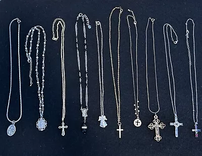 Lot 10 Necklaces Lord Prayer Cross Religious Medallion Rhinestone Mother Mary • $21.50