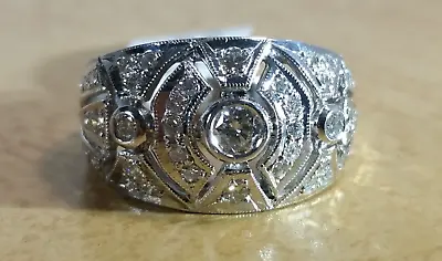 18KT White Gold Bezel And Pave Set Diamond Ring In Antique Style Milgrain Design • $508