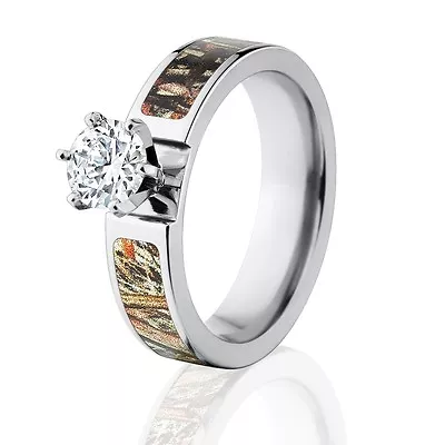 Mossy Oak Duck Blind Camo Wedding Ring W/ 1 CT CZ 14k WG Prong Setting • $564.78