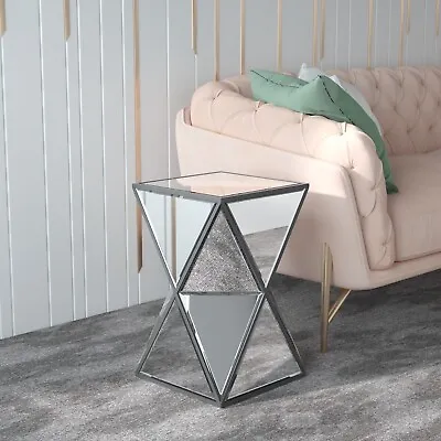Silver Geometry Mirrored End Side Table Nightstand Accent Table BedRoom Fedex US • $149.99