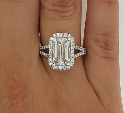 3 Ct Halo Split Shank Emerald Cut Diamond Engagement Ring VS1 G White Gold 14k • $6578