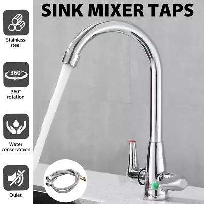 Modern Kitchen Sink Mixer Taps Swivel Spout Twin Lever Tap Mono Faucet Chrome • £14.99