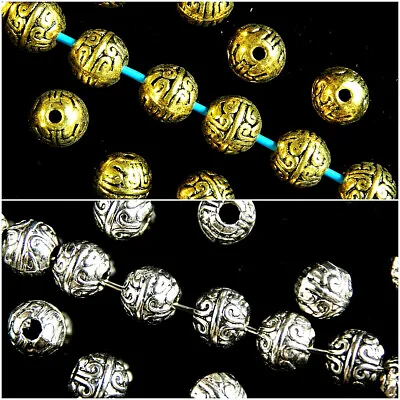 20 X ANTIQUE SILVER~GOLD~ROUND~TIBETAN~METAL~SPACER BEADS 8 MM HOLE: 1~1.5 MM • £3.49