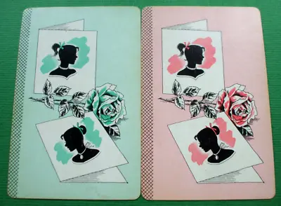 2 Single Genuine Vintage Swap Playing Cards Girl Pony Tail Silhouettes Rose Pair • $2.25