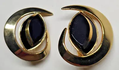 Vintage Sarah Coventry Black Enamel Clip On Earrings Estate Costume Gold Tone • $14.99