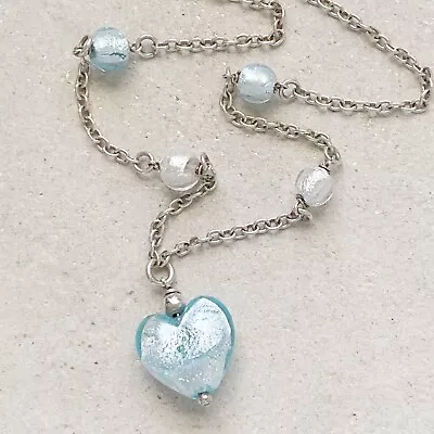 Sterling Silver 925 MURANO GLASS Necklace Baby Blue HEART Bride Bridesmaid • £26.99