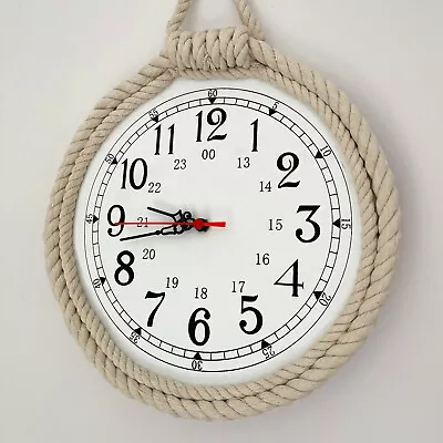 Round Rope Nautical Wall Clock Natural Home Bathroom Beach Wood Decoration Gift • £22.99