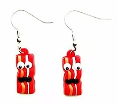 Bacon Earrings With Google Eyes And Mustache Novelty Jewelry NEW • $12.99