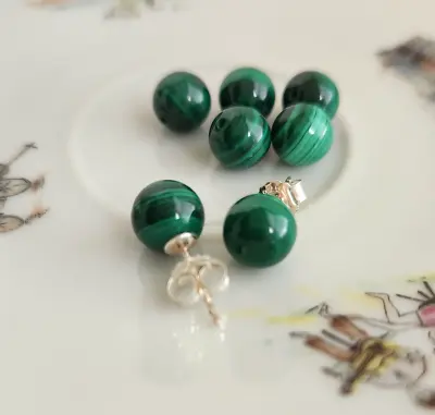 Natural Malachite 8MM Ball Stud Earrings In Solid 925 Sterling Silver • $16.70