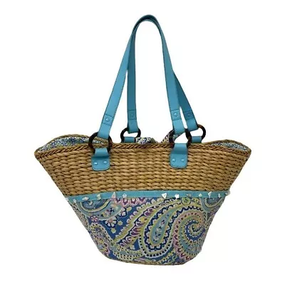 Vera Bradley Handbag Purse Wicker Straw Fabric Tote Paisley Summer Beach Bag • $28.12