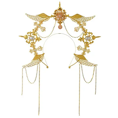Baroque Lady Halo Crown With Cross Wing Golden Goddess Halo Headpiece Wedding • $19.19