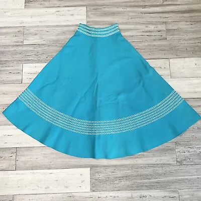 Vtg 1950’S BLUE TEAL TURQUOISE FELT FULL CIRCLE SKIRT W/ WHITE EMBROIDERY XS • $89.99