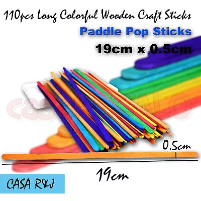 100pc Coloured Wooden Craft Sticks Paddle Pop Sticks Ice Cream 190mm X 7mm • $3.35