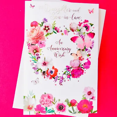 Daughter And Son In Law Anniversary Card 9 X6  Floral Heart Flowers Wedding • £2.75