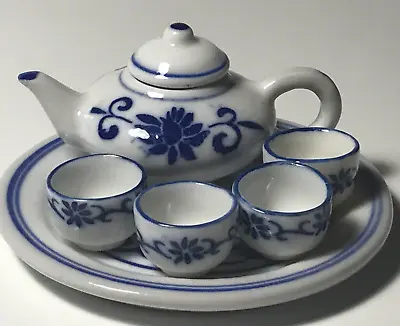 Miniature Dollhouse Porcelain Blue & White Tea Set Teapot 4 Cups Plate • $12.98