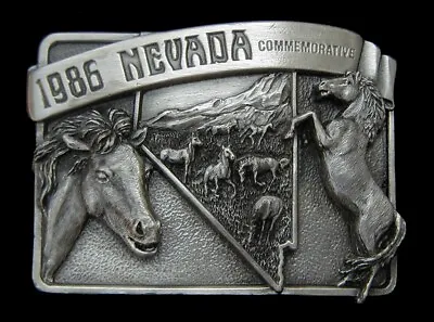 Vtg. 1986 Nevada Commemorative Belt Buckle With Wild Mustangs #126/5000 Us Made • $22