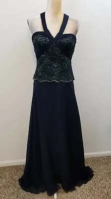 Montage By Mon Cheri Womens Sz 8 Blue Beaded X Strap Evening Gown Long Dress  • $35.95