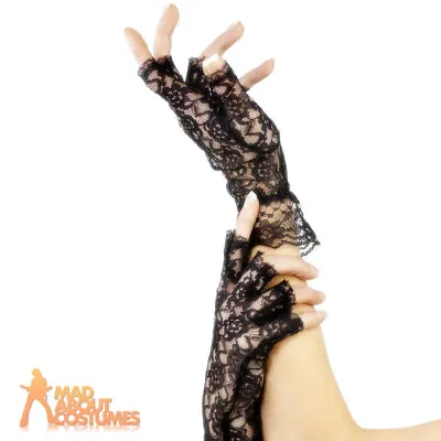 £3.99 • Buy Black Lace Fingerless Gloves Mesh Ladies Gothic Madonna Fancy Dress Accessory