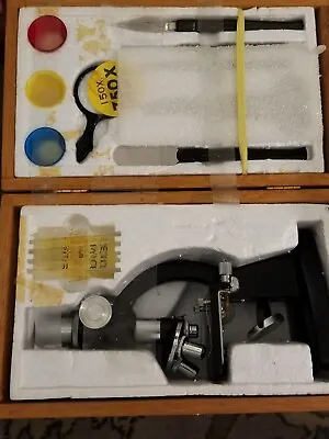 Antique Vintage K Line  Microscope In Wood Box W/ Glass Slides Has  ALL Pieces • $59.99
