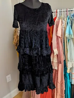 Vintage 90's Rebel-Ette Black Crushed Velvet Mini Dress Tiered Ruffle Size Small • $25