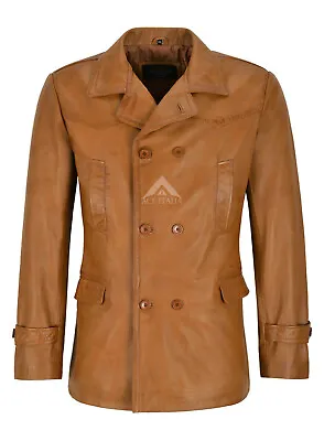 Mens Leather Pea Coat Tan Marshal Combat Long Jacket World War 2 COAT DR-WHO • $154.51