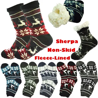Mens Cozy Fuzzy Thick Sherpa Fleece Lined Deer Knit Non-Skid Slipper Socks LOT • $8.99