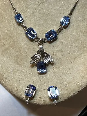 Vintage Signed Van Dell Sterling Emerald Cut Blue Stones Lavalier Necklace Set • $118.75