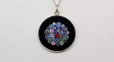 Vintage ITALY 925 Silver Murano Millefiori Art Glass Two Sides Pendant Necklace • $20